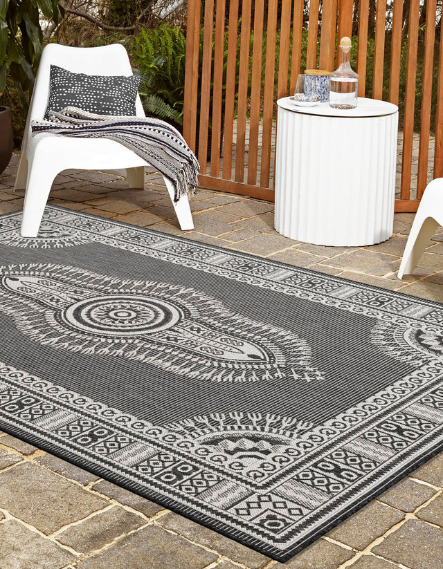 Black and White 4' 1 x 6' 1 Outdoor Traditional Rectangle Area Rug Weather Resistant for Patio, Deck, Terrace, Balcony, Porch Classical Design Outside Carpet for Sale at Rug Engine
