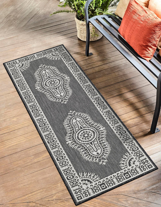 Black and White 2' x 6' 1 Outdoor Traditional Runner Area Rug Weather Resistant for Patio, Deck, Terrace, Balcony, Porch Classical Design Outside Carpet for Sale at Rug Engine