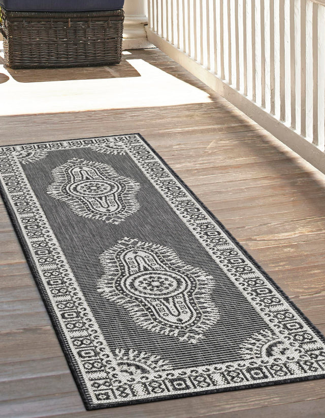 Black and White 2' x 8' Outdoor Traditional Runner Area Rug Weather Resistant for Patio, Deck, Terrace, Balcony, Porch Classical Design Outside Carpet for Sale at Rug Engine