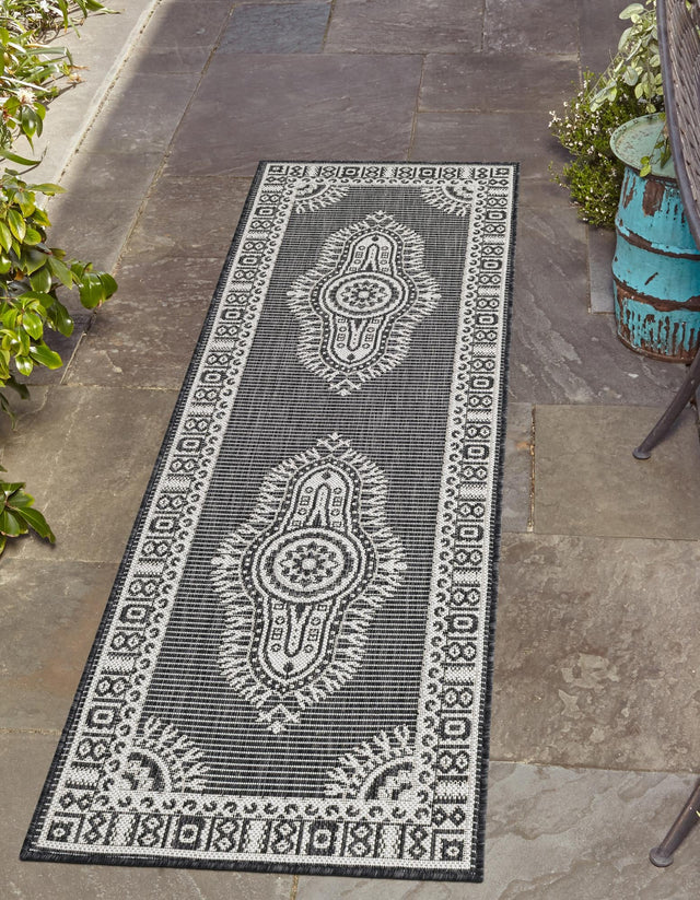 Black and White 2' 7 x 12' Outdoor Traditional Runner Area Rug Weather Resistant for Patio, Deck, Terrace, Balcony, Porch Classical Design Outside Carpet for Sale at Rug Engine