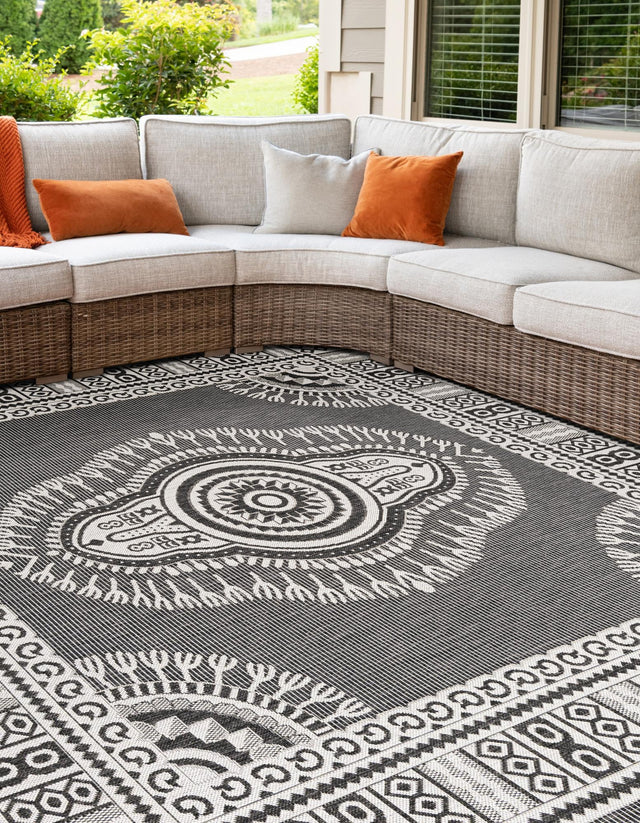 Black and White 7' 10 x 7' 10 Outdoor Traditional Square Area Rug Weather Resistant for Patio, Deck, Terrace, Balcony, Porch Classical Design Outside Carpet for Sale at Rug Engine