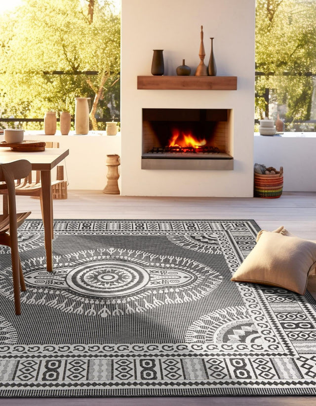 Black and White 7' 10 x 7' 10 Outdoor Traditional Square Area Rug Weather Resistant for Patio, Deck, Terrace, Balcony, Porch Classical Design Outside Carpet for Sale at Rug Engine