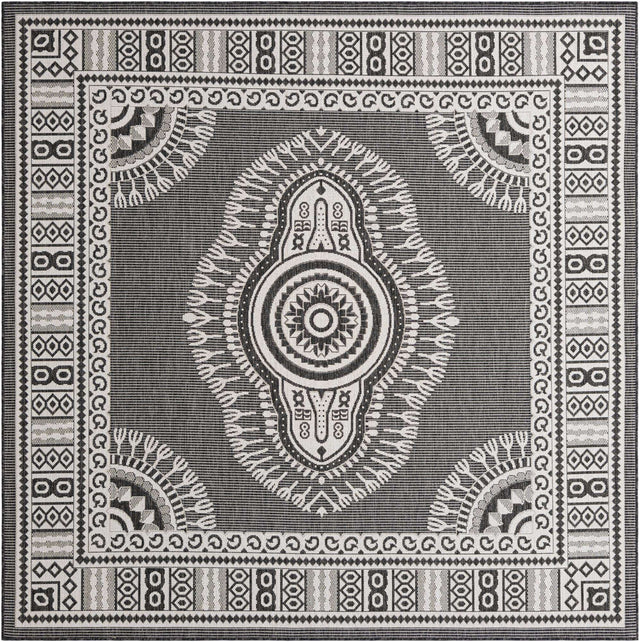 Black and White 7' 10 x 7' 10 Outdoor Traditional Square Area Rug Weather Resistant for Patio, Deck, Terrace, Balcony, Porch Classical Design Outside Carpet for Sale at Rug Engine