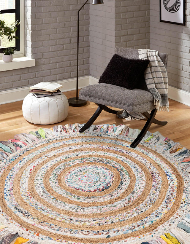 Multicolor White 2' x 2' Chindi Jute Round Area Rug Interior Design Home Decor Carpet Mat for Sale at Rug Engine