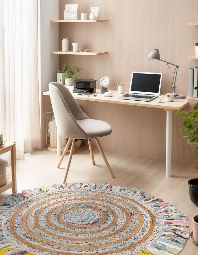 Multicolor White 2' x 2' Chindi Jute Round Area Rug Interior Design Home Decor Carpet Mat for Sale at Rug Engine