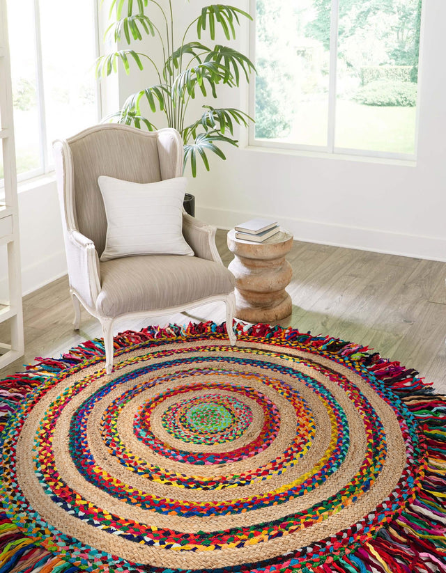 Multicolor 6' 1 x 6' 1 Chindi Jute Round Area Rug Interior Design Home Decor Carpet Mat for Sale at Rug Engine