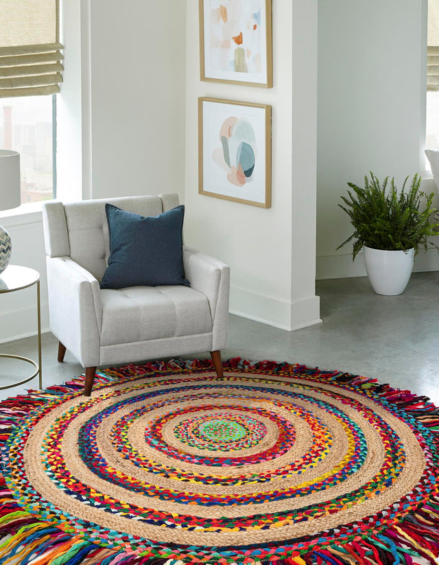 Multicolor 4' 1 x 4' 1 Chindi Jute Round Area Rug Interior Design Home Decor Carpet Mat for Sale at Rug Engine