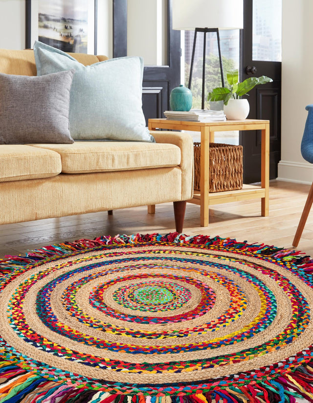 Multicolor 7' 10 x 7' 10 Chindi Jute Round Area Rug Interior Design Home Decor Carpet Mat for Sale at Rug Engine