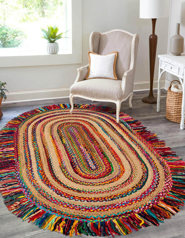Multicolor 4' 1 x 6' 1 Chindi Jute Oval Area Rug Interior Design Home Decor Carpet Mat for Sale at Rug Engine