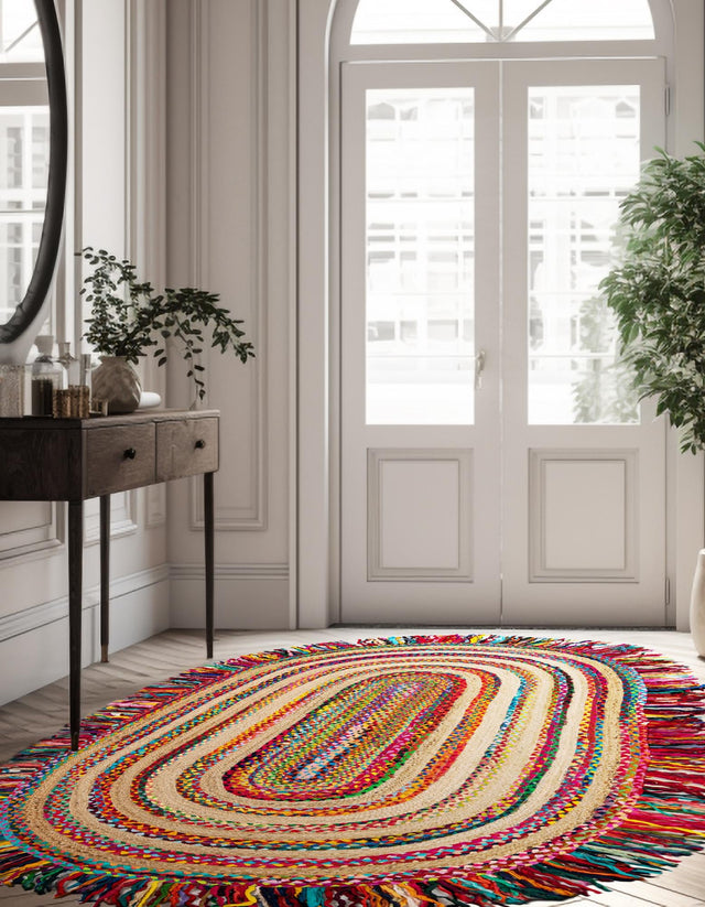 Multicolor 4' 1 x 6' 1 Chindi Jute Oval Area Rug Interior Design Home Decor Carpet Mat for Sale at Rug Engine