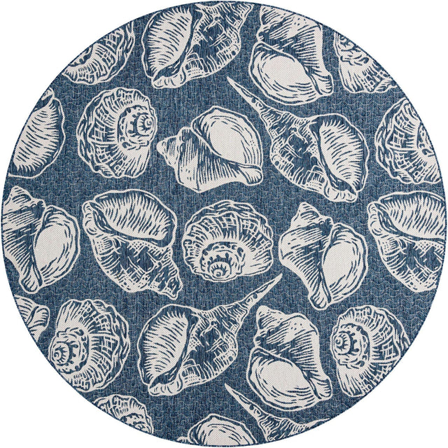 Navy Blue and Ivory 10' x 10' Outdoor Coastal Round Area Rug Weather Resistant for Patio, Deck, Terrace, Balcony, Porch 100% Polypropylene Coastal Decor Carpet for Sale at Rug Engine