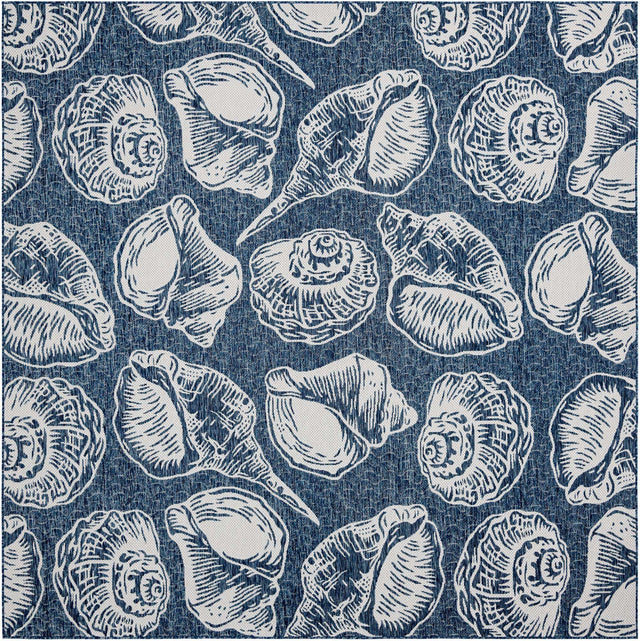 Navy Blue and Ivory 10' x 10' Outdoor Coastal Square Area Rug Weather Resistant for Patio, Deck, Terrace, Balcony, Porch 100% Polypropylene Coastal Decor Carpet for Sale at Rug Engine