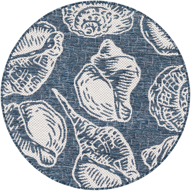 Navy Blue and Ivory 3' 1 x 3' 1 Outdoor Coastal Round Area Rug Weather Resistant for Patio, Deck, Terrace, Balcony, Porch 100% Polypropylene Coastal Decor Carpet for Sale at Rug Engine