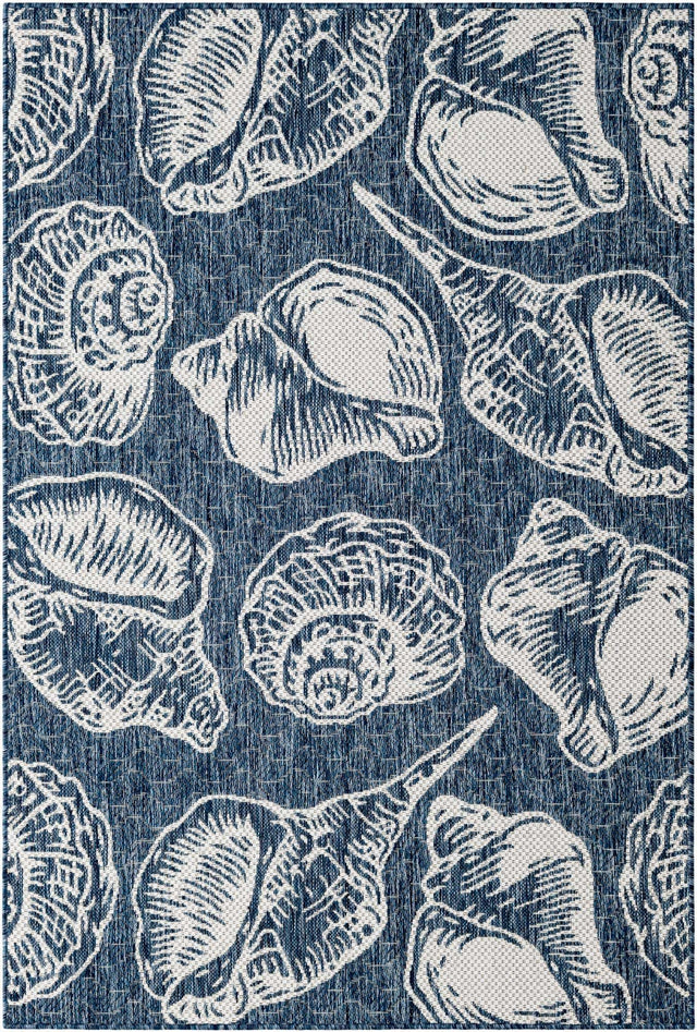 Navy Blue and Ivory 4' 1 x 6' 1 Outdoor Coastal Rectangle Area Rug Weather Resistant for Patio, Deck, Terrace, Balcony, Porch 100% Polypropylene Coastal Decor Carpet for Sale at Rug Engine