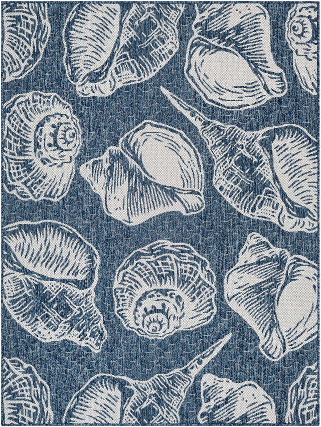Navy Blue and Ivory 5' 3 x 7' 1 Outdoor Coastal Rectangle Area Rug Weather Resistant for Patio, Deck, Terrace, Balcony, Porch 100% Polypropylene Coastal Decor Carpet for Sale at Rug Engine