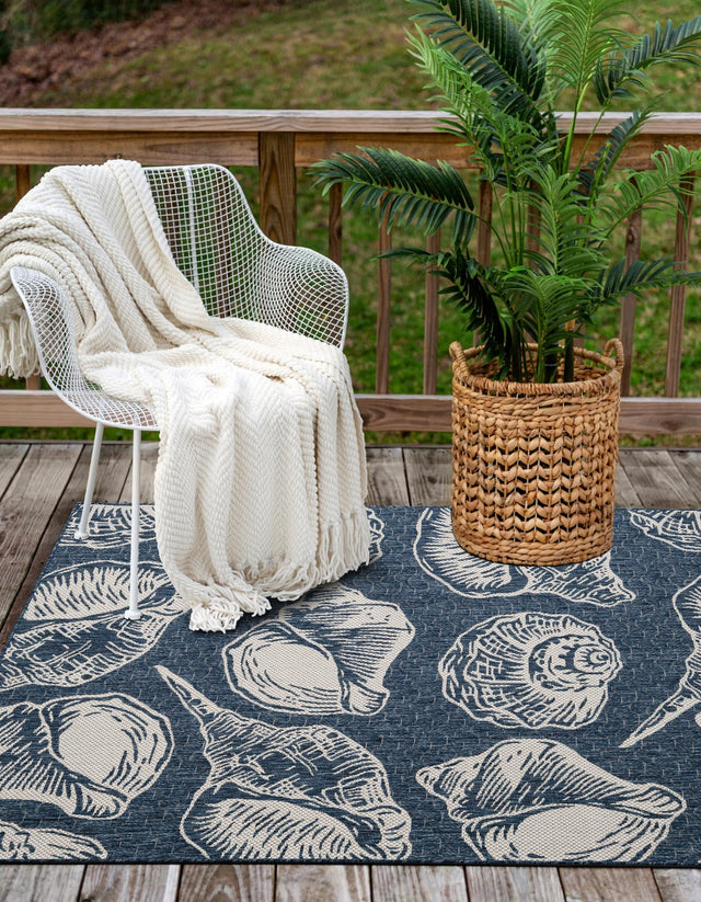 Navy Blue and Ivory 2' x 3' 1 Outdoor Coastal Rectangle Area Rug Weather Resistant for Patio, Deck, Terrace, Balcony, Porch 100% Polypropylene Coastal Decor Carpet for Sale at Rug Engine