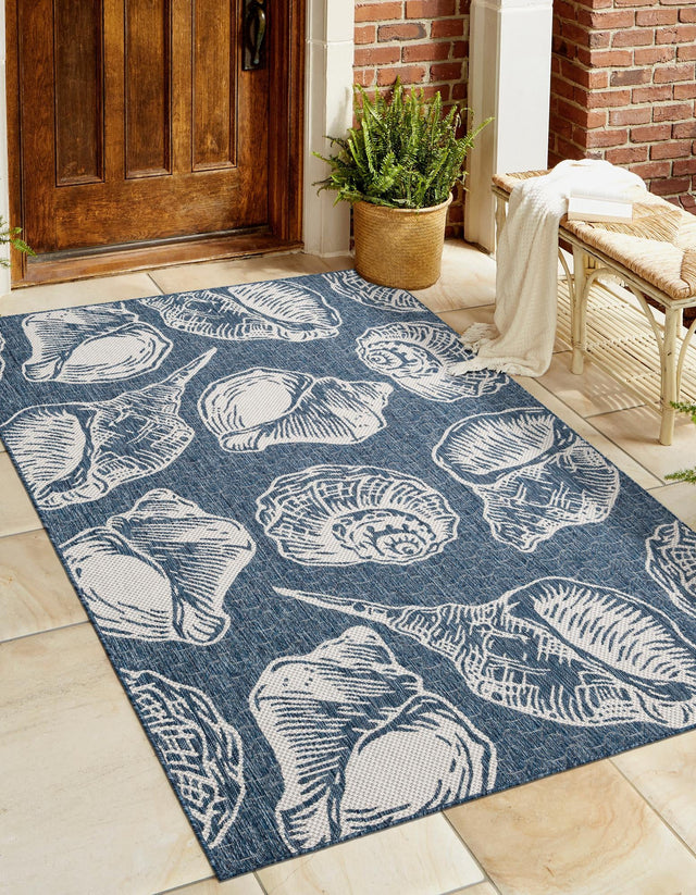 Navy Blue and Ivory 2' x 3' 1 Outdoor Coastal Rectangle Area Rug Weather Resistant for Patio, Deck, Terrace, Balcony, Porch 100% Polypropylene Coastal Decor Carpet for Sale at Rug Engine