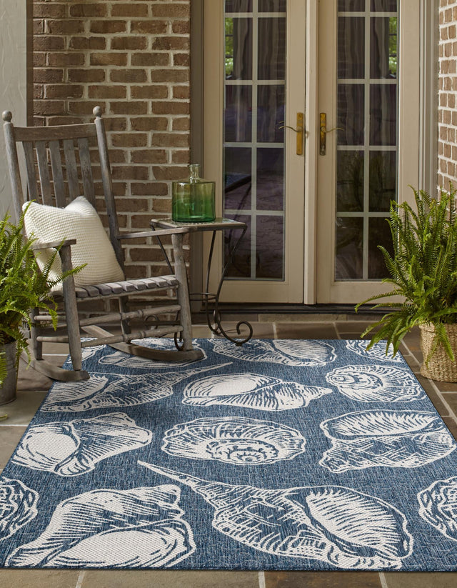 Navy Blue and Ivory 2' x 3' 1 Outdoor Coastal Rectangle Area Rug Weather Resistant for Patio, Deck, Terrace, Balcony, Porch 100% Polypropylene Coastal Decor Carpet for Sale at Rug Engine