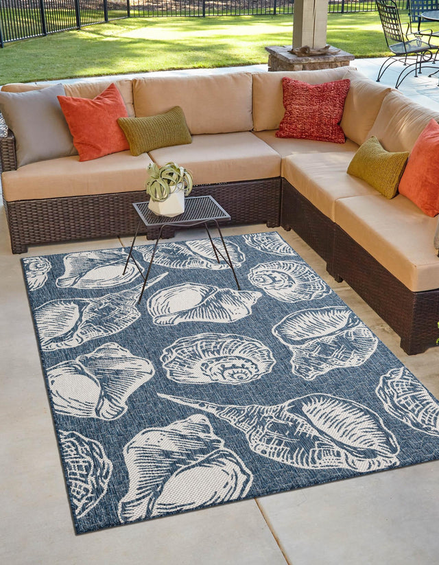 Navy Blue and Ivory 2' x 3' 1 Outdoor Coastal Rectangle Area Rug Weather Resistant for Patio, Deck, Terrace, Balcony, Porch 100% Polypropylene Coastal Decor Carpet for Sale at Rug Engine