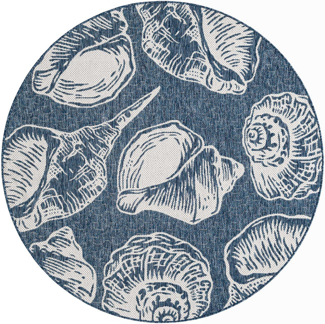 Navy Blue and Ivory 6' 1 x 6' 1 Outdoor Coastal Round Area Rug Weather Resistant for Patio, Deck, Terrace, Balcony, Porch 100% Polypropylene Coastal Decor Carpet for Sale at Rug Engine