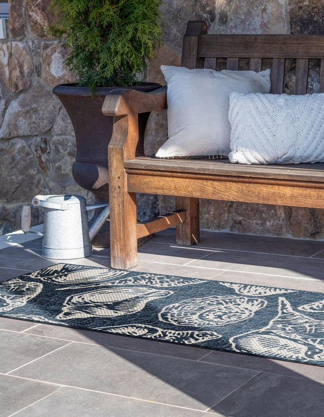 Navy Blue and Ivory 2' x 8' Outdoor Coastal Runner Area Rug Weather Resistant for Patio, Deck, Terrace, Balcony, Porch 100% Polypropylene Coastal Decor Carpet for Sale at Rug Engine