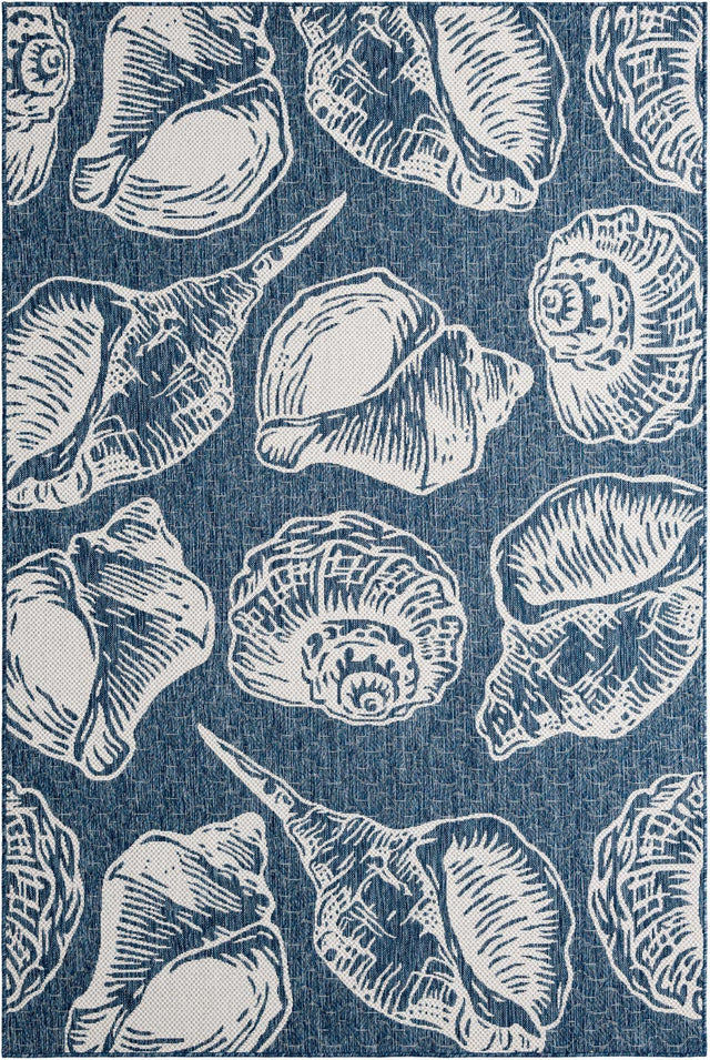 Navy Blue and Ivory 6' 1 x 9' Outdoor Coastal Rectangle Area Rug Weather Resistant for Patio, Deck, Terrace, Balcony, Porch 100% Polypropylene Coastal Decor Carpet for Sale at Rug Engine