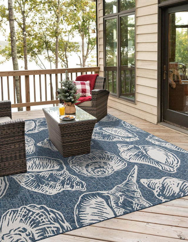 Navy Blue and Ivory 10' x 10' Outdoor Coastal Square Area Rug Weather Resistant for Patio, Deck, Terrace, Balcony, Porch 100% Polypropylene Coastal Decor Carpet for Sale at Rug Engine