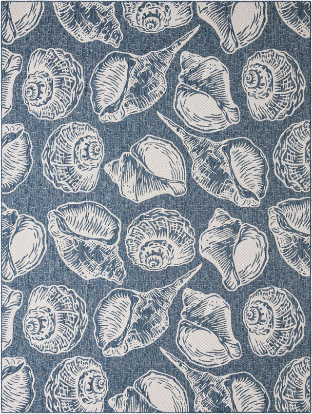 Navy Blue and Ivory 9' x 12' Outdoor Coastal Rectangle Area Rug Weather Resistant for Patio, Deck, Terrace, Balcony, Porch 100% Polypropylene Coastal Decor Carpet for Sale at Rug Engine