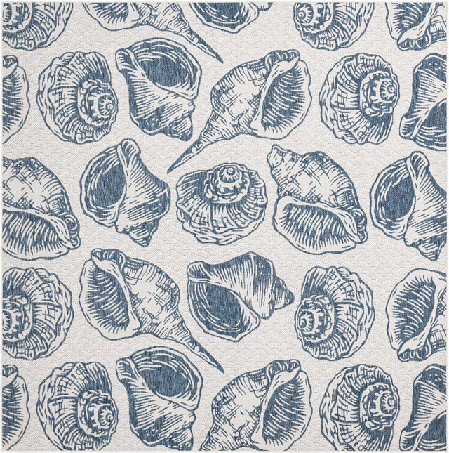 Ivory and Navy Blue 10' x 10' Outdoor Coastal Square Area Rug Weather Resistant for Patio, Deck, Terrace, Balcony, Porch 100% Polypropylene Coastal Decor Carpet for Sale at Rug Engine