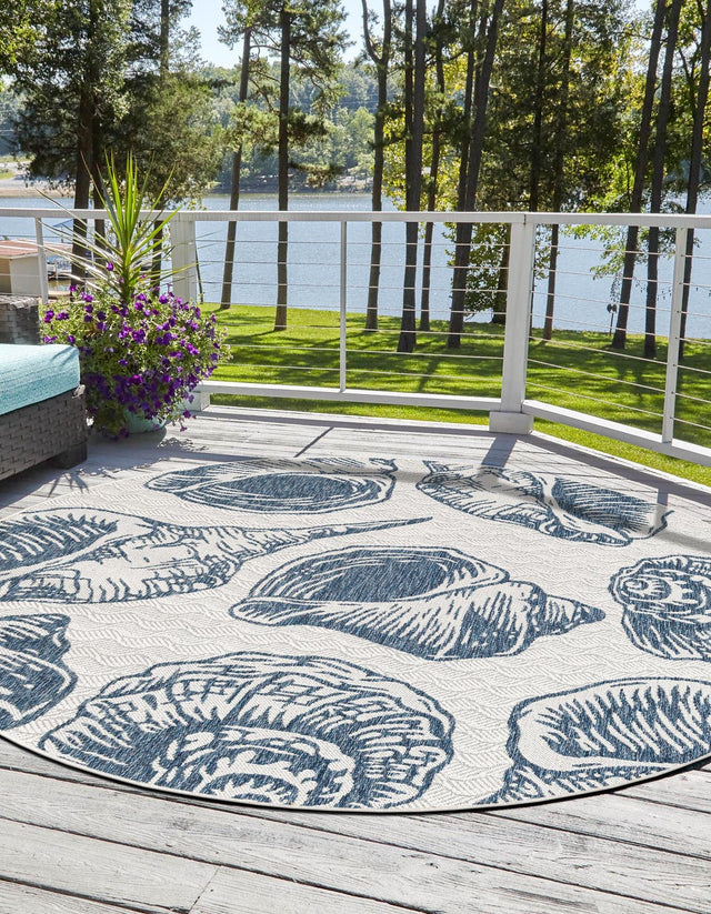 Ivory and Navy Blue 6' 1 x 6' 1 Outdoor Coastal Round Area Rug Weather Resistant for Patio, Deck, Terrace, Balcony, Porch 100% Polypropylene Coastal Decor Carpet for Sale at Rug Engine