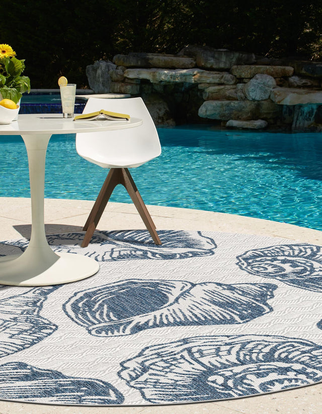 Ivory and Navy Blue 7' 10 x 7' 10 Outdoor Coastal Round Area Rug Weather Resistant for Patio, Deck, Terrace, Balcony, Porch 100% Polypropylene Coastal Decor Carpet for Sale at Rug Engine