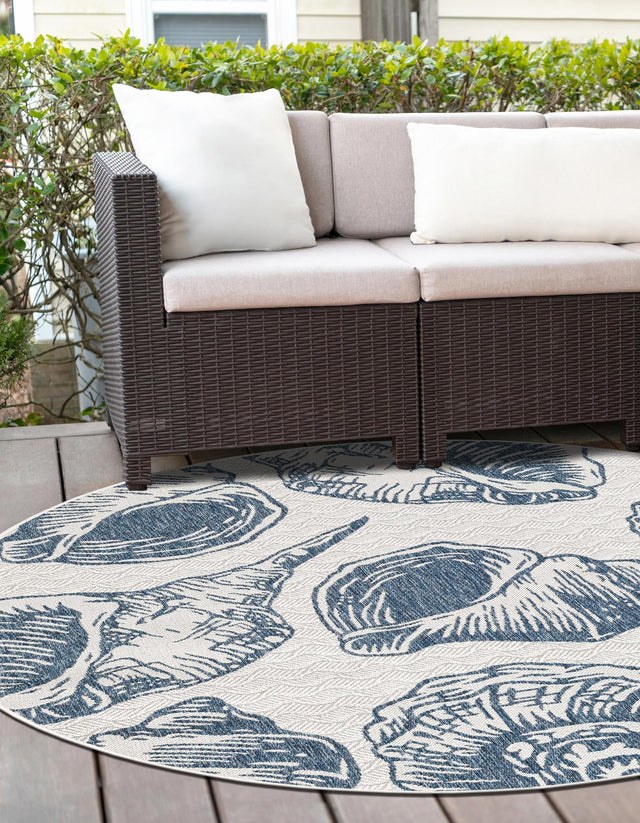 Ivory and Navy Blue 10' x 10' Outdoor Coastal Round Area Rug Weather Resistant for Patio, Deck, Terrace, Balcony, Porch 100% Polypropylene Coastal Decor Carpet for Sale at Rug Engine