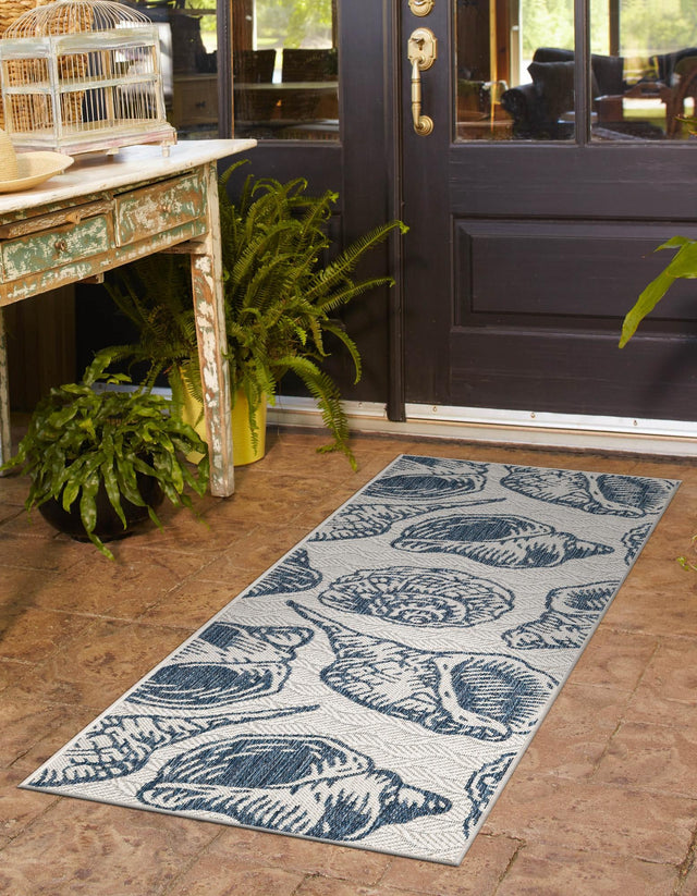 Ivory and Navy Blue 2' x 6' 1 Outdoor Coastal Runner Area Rug Weather Resistant for Patio, Deck, Terrace, Balcony, Porch 100% Polypropylene Coastal Decor Carpet for Sale at Rug Engine
