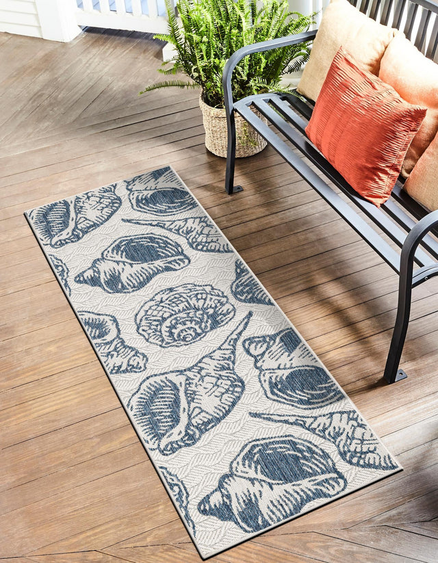 Ivory and Navy Blue 2' x 8' Outdoor Coastal Runner Area Rug Weather Resistant for Patio, Deck, Terrace, Balcony, Porch 100% Polypropylene Coastal Decor Carpet for Sale at Rug Engine