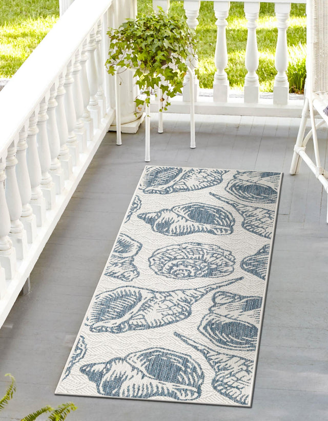 Ivory and Navy Blue 2' x 8' Outdoor Coastal Runner Area Rug Weather Resistant for Patio, Deck, Terrace, Balcony, Porch 100% Polypropylene Coastal Decor Carpet for Sale at Rug Engine