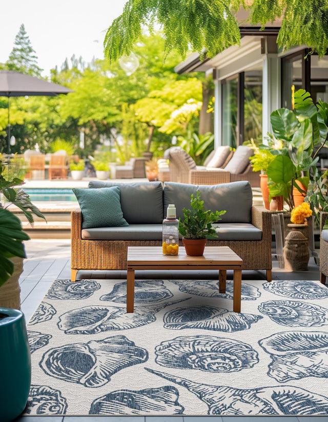 Ivory and Navy Blue 12' x 12' Outdoor Coastal Square Area Rug Weather Resistant for Patio, Deck, Terrace, Balcony, Porch 100% Polypropylene Coastal Decor Carpet for Sale at Rug Engine