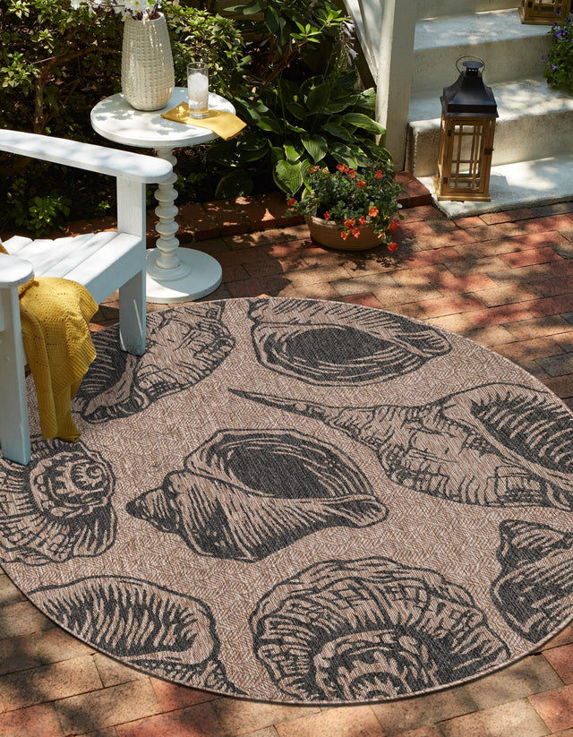 Brown and Black 10' x 10' Outdoor Coastal Round Area Rug Weather Resistant for Patio, Deck, Terrace, Balcony, Porch 100% Polypropylene Coastal Decor Carpet for Sale at Rug Engine