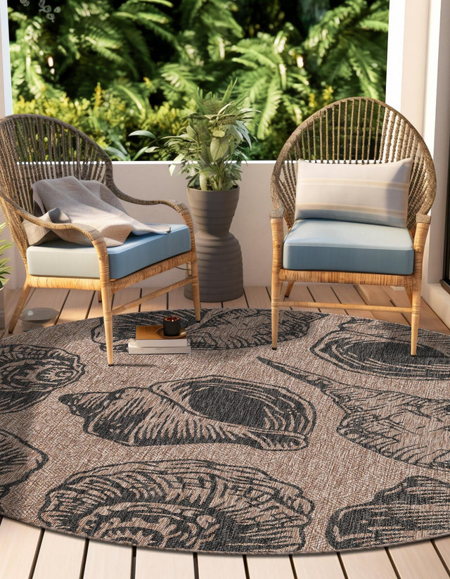 Brown and Black 7' 10 x 7' 10 Outdoor Coastal Round Area Rug Weather Resistant for Patio, Deck, Terrace, Balcony, Porch 100% Polypropylene Coastal Decor Carpet for Sale at Rug Engine