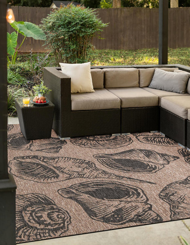 Brown and Black 7' 10 x 7' 10 Outdoor Coastal Square Area Rug Weather Resistant for Patio, Deck, Terrace, Balcony, Porch 100% Polypropylene Coastal Decor Carpet for Sale at Rug Engine