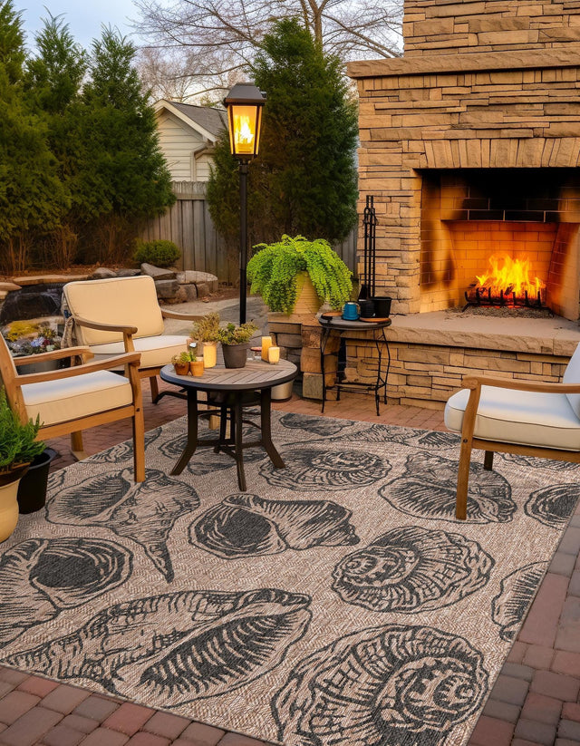 Brown and Black 10' x 10' Outdoor Coastal Square Area Rug Weather Resistant for Patio, Deck, Terrace, Balcony, Porch 100% Polypropylene Coastal Decor Carpet for Sale at Rug Engine
