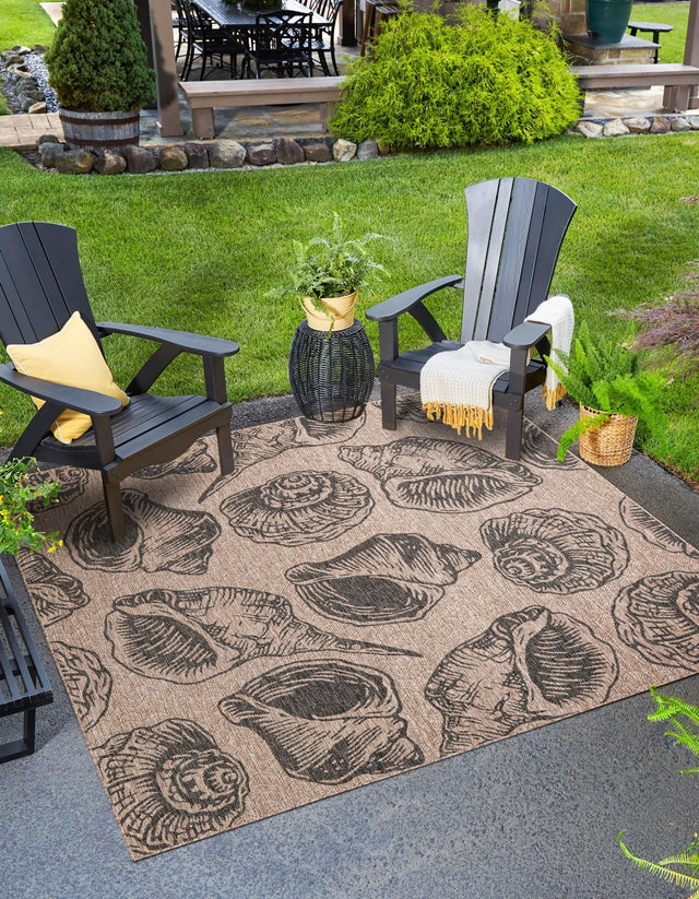 Brown and Black 7' 10 x 7' 10 Outdoor Coastal Square Area Rug Weather Resistant for Patio, Deck, Terrace, Balcony, Porch 100% Polypropylene Coastal Decor Carpet for Sale at Rug Engine