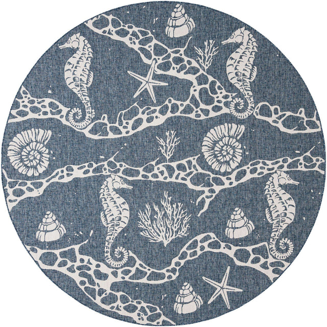 Navy Blue 10' x 10' Outdoor Coastal Round Area Rug Weather Resistant for Patio, Deck, Terrace, Balcony, Porch 100% Polypropylene Coastal Decor Carpet for Sale at Rug Engine