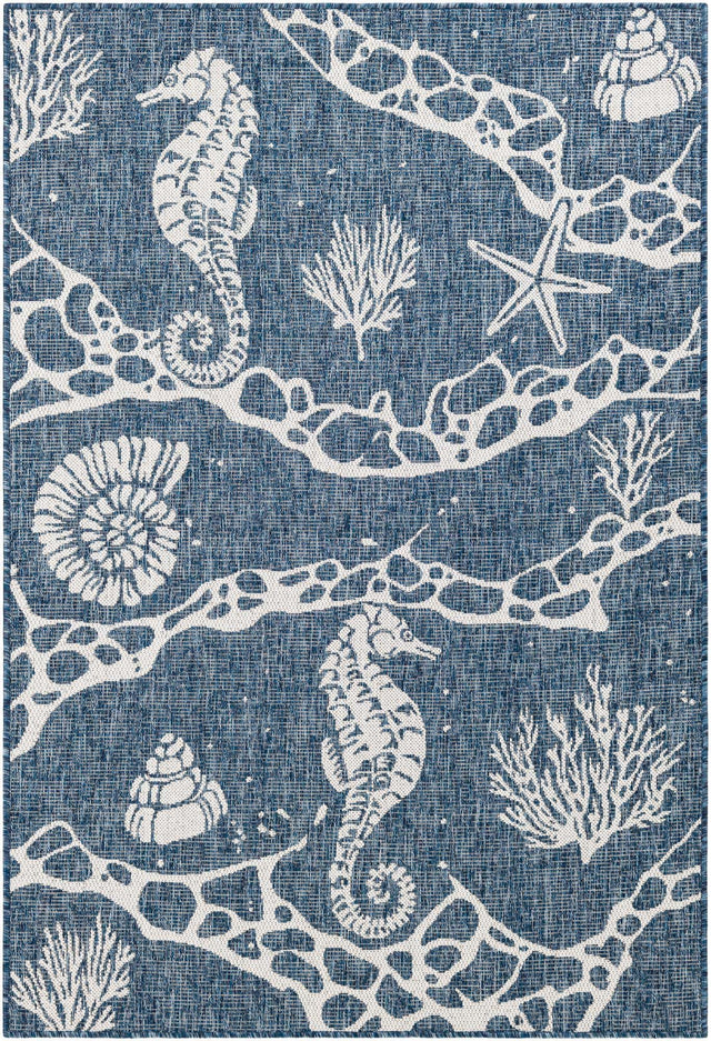 Navy Blue 4' 1 x 6' 1 Outdoor Coastal Rectangle Area Rug Weather Resistant for Patio, Deck, Terrace, Balcony, Porch 100% Polypropylene Coastal Decor Carpet for Sale at Rug Engine