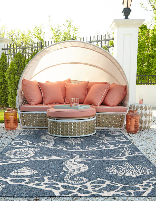 Navy Blue 4' 1 x 6' 1 Outdoor Coastal Rectangle Area Rug Weather Resistant for Patio, Deck, Terrace, Balcony, Porch 100% Polypropylene Coastal Decor Carpet for Sale at Rug Engine
