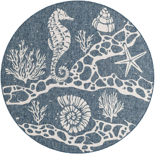 Navy Blue 6' 1 x 6' 1 Outdoor Coastal Round Area Rug Weather Resistant for Patio, Deck, Terrace, Balcony, Porch 100% Polypropylene Coastal Decor Carpet for Sale at Rug Engine