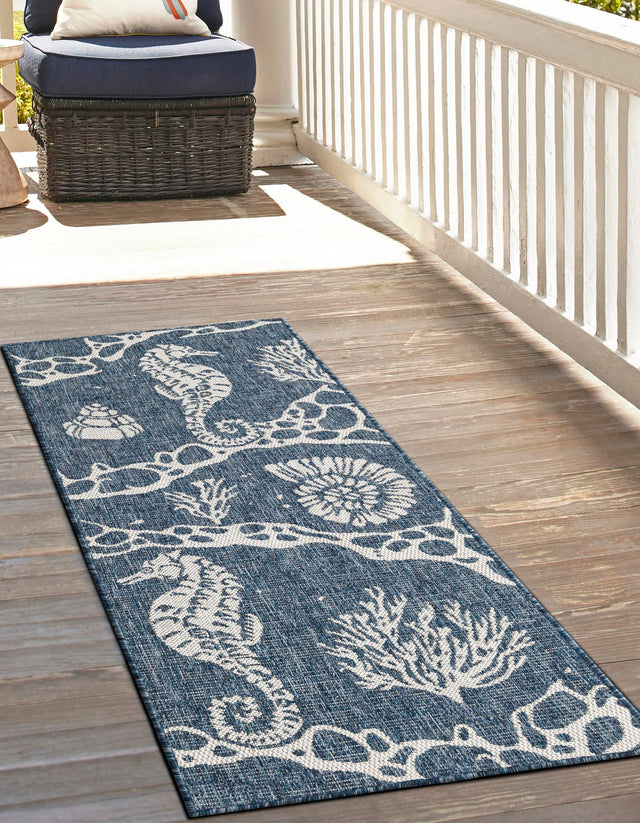 Navy Blue 2' x 8' Outdoor Coastal Runner Area Rug Weather Resistant for Patio, Deck, Terrace, Balcony, Porch 100% Polypropylene Coastal Decor Carpet for Sale at Rug Engine