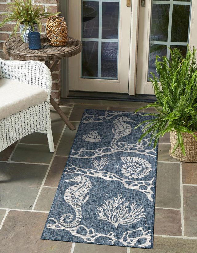 Navy Blue 2' x 8' Outdoor Coastal Runner Area Rug Weather Resistant for Patio, Deck, Terrace, Balcony, Porch 100% Polypropylene Coastal Decor Carpet for Sale at Rug Engine