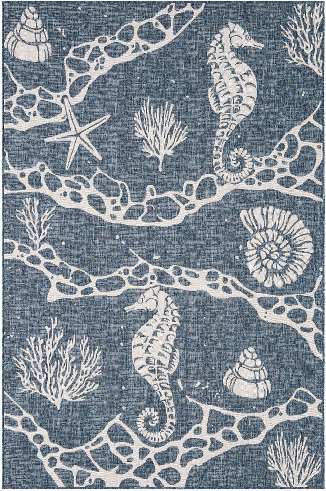 Navy Blue 6' 1 x 9' Outdoor Coastal Rectangle Area Rug Weather Resistant for Patio, Deck, Terrace, Balcony, Porch 100% Polypropylene Coastal Decor Carpet for Sale at Rug Engine
