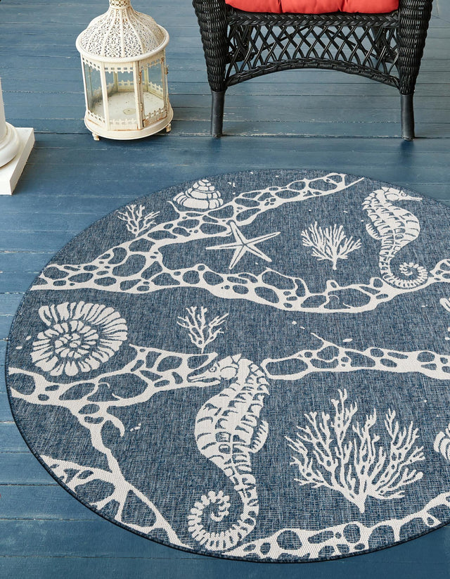 Navy Blue 6' 1 x 6' 1 Outdoor Coastal Round Area Rug Weather Resistant for Patio, Deck, Terrace, Balcony, Porch 100% Polypropylene Coastal Decor Carpet for Sale at Rug Engine