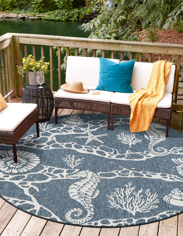 Navy Blue 7' 10 x 7' 10 Outdoor Coastal Round Area Rug Weather Resistant for Patio, Deck, Terrace, Balcony, Porch 100% Polypropylene Coastal Decor Carpet for Sale at Rug Engine